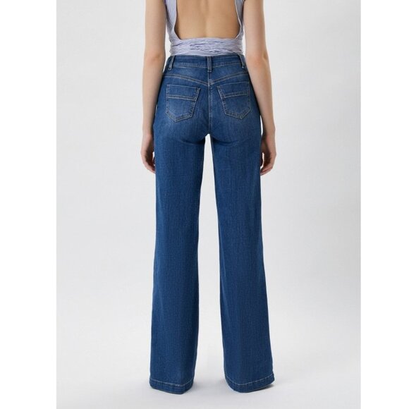 Elisabetta Franchi Palazzo Jeans 31" / Size 27 / Blue Button High Rise Wide Leg - Picture 3 of 11